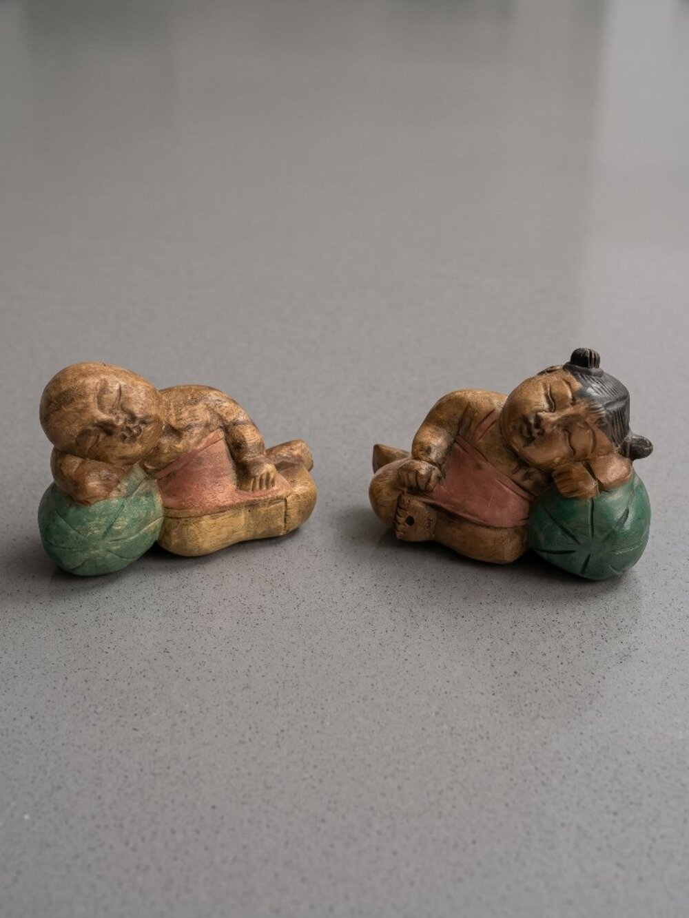 Vintage Asian Hand Carved Wood Sleeping Boy & Girl Figurines Pair 5.5” Folk Art